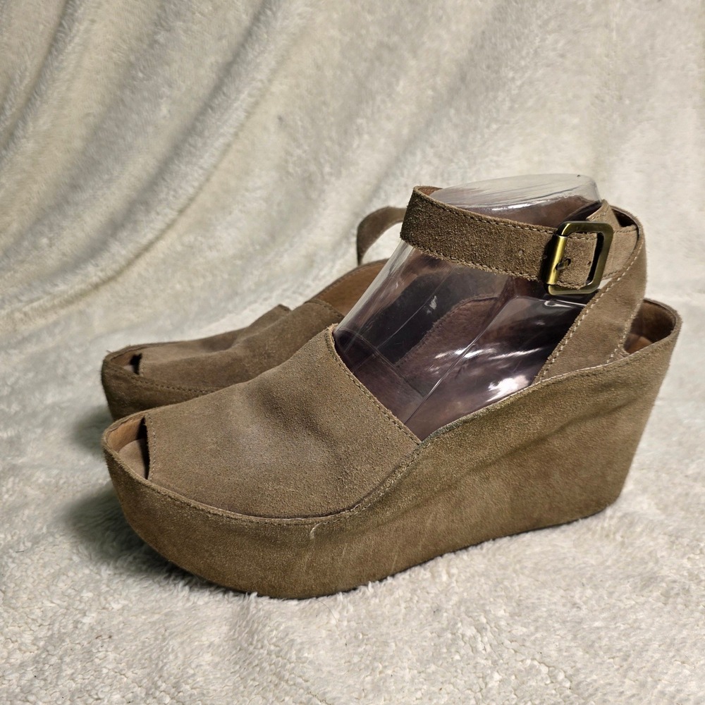 Chocolat Blu Wedge Sandal Brown Suede Peep Toe Ankle Strap Womens 8